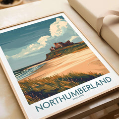 Northumberland Wall Art Poster -  Bamburgh Castle illustration showcasing the coastal landscape of England.