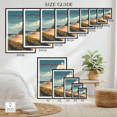 Northumberland Wall Art Print - Bamburgh Castle size guide with various frame dimensions displayed.