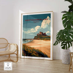 Northumberland Wall Art Print - Bamburgh Castle displayed in a stylish interior setting, capturing coastal beauty.