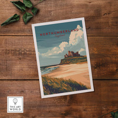 Northumberland Wall Art Print - Bamburgh Castle on a coastal landscape with sandy beach and castle silhouette