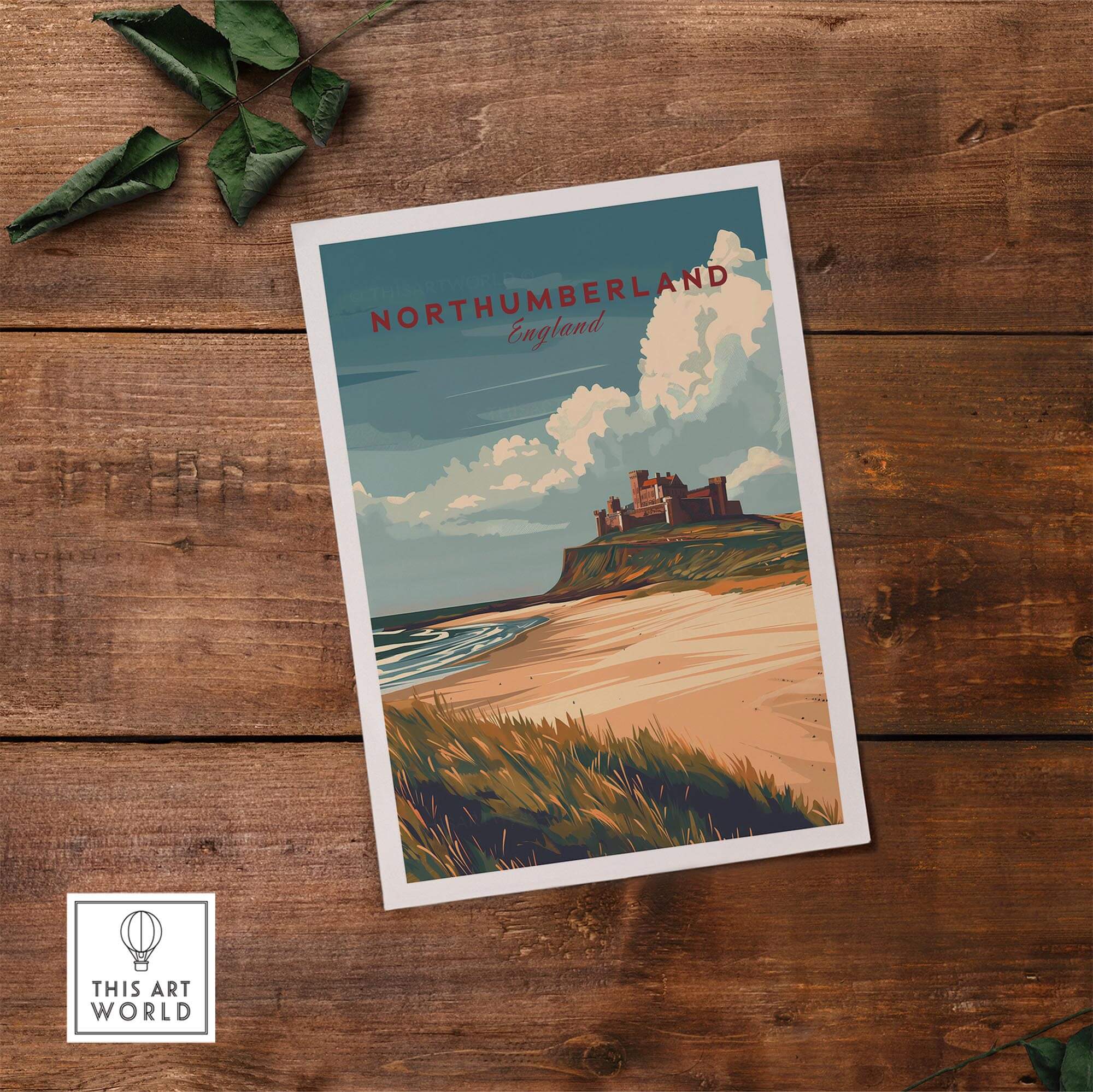 Northumberland Wall Art Print - Bamburgh Castle on a coastal landscape with sandy beach and castle silhouette