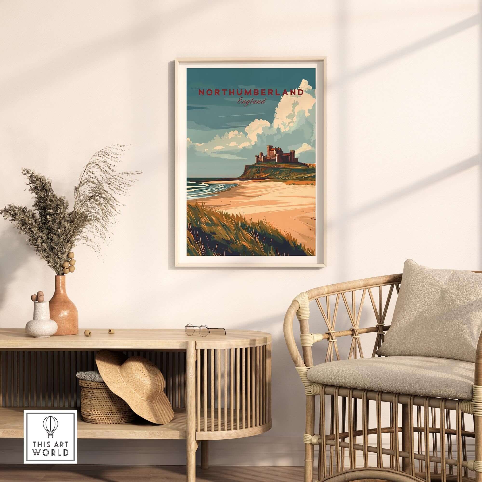 Northumberland Wall Art Print - Bamburgh Castle displayed in a stylish room with coastal decor.
