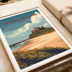 Northumberland Wall Art Print - Bamburgh Castle artwork showcasing coastal scenery and historic architecture.