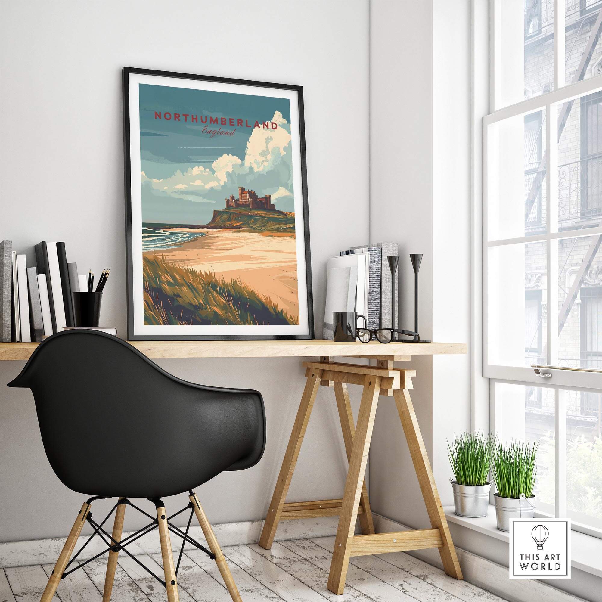 Northumberland Wall Art Print - Bamburgh Castle framed print in modern room decor setting with coastal view.