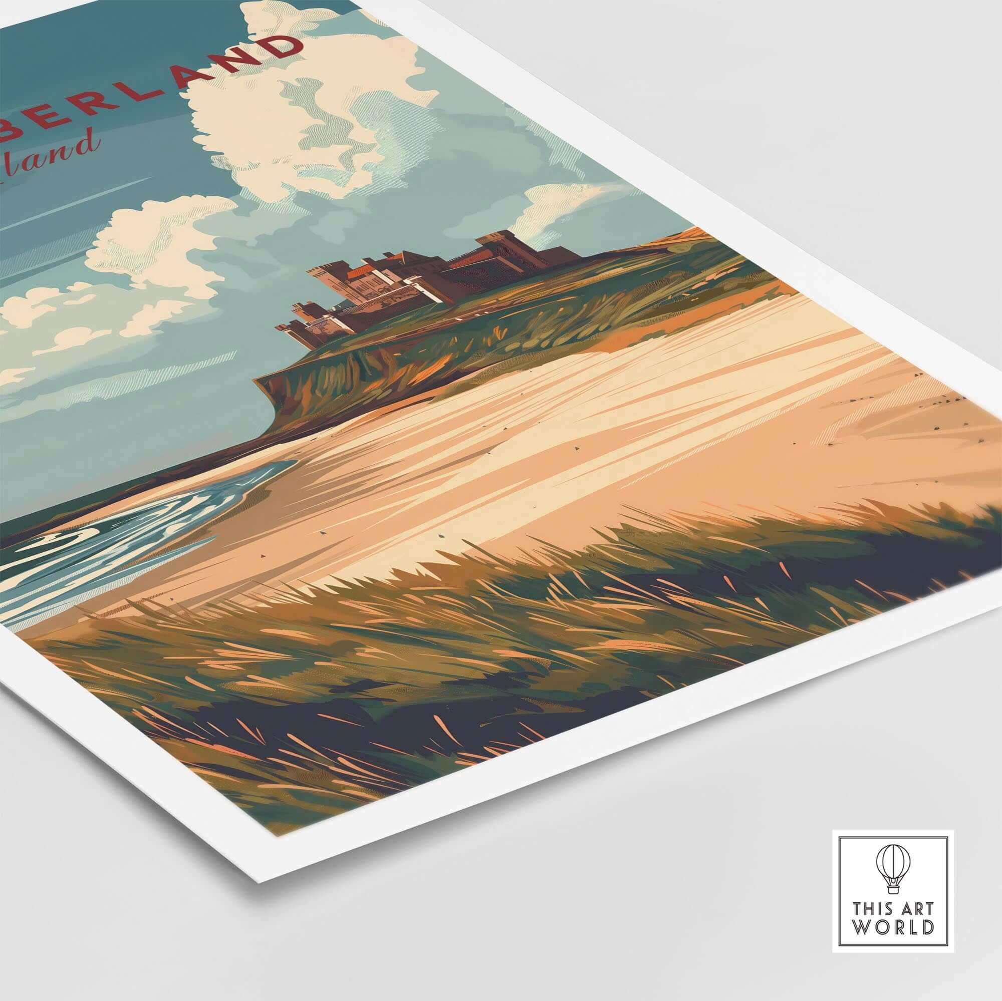 Northumberland Wall Art Print - Bamburgh Castle featuring a scenic beach and castle illustration.