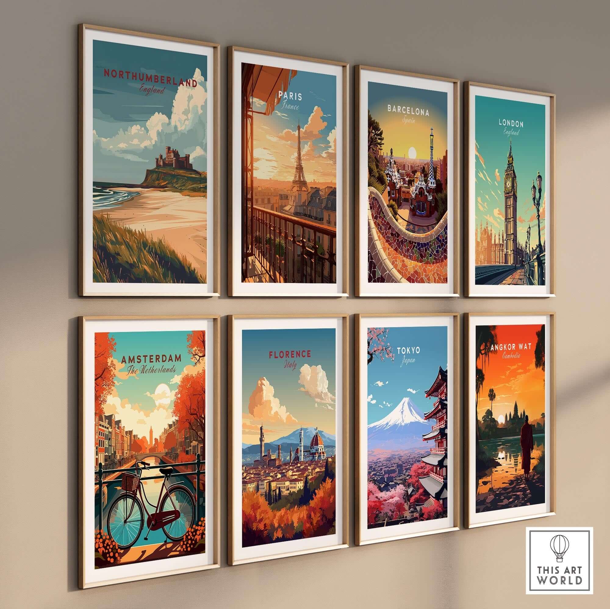 Northumberland Wall Art Print - Bamburgh Castle and various city art prints arranged on a wall.