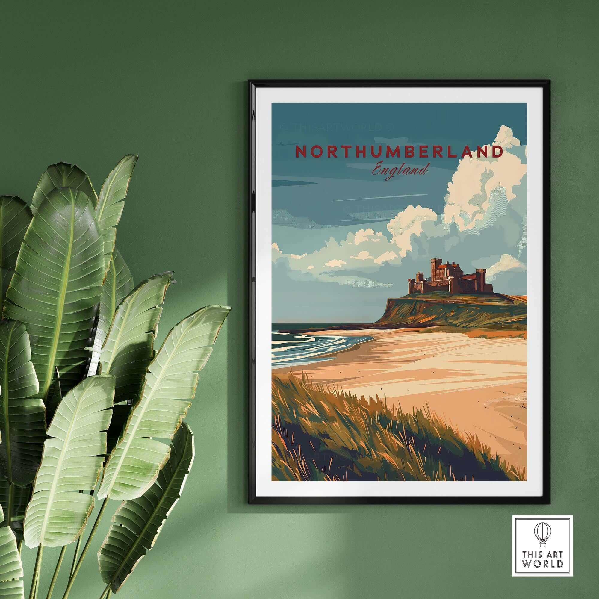 Northumberland Wall Art Print - Bamburgh Castle displayed in a stylish frame against a green wall.