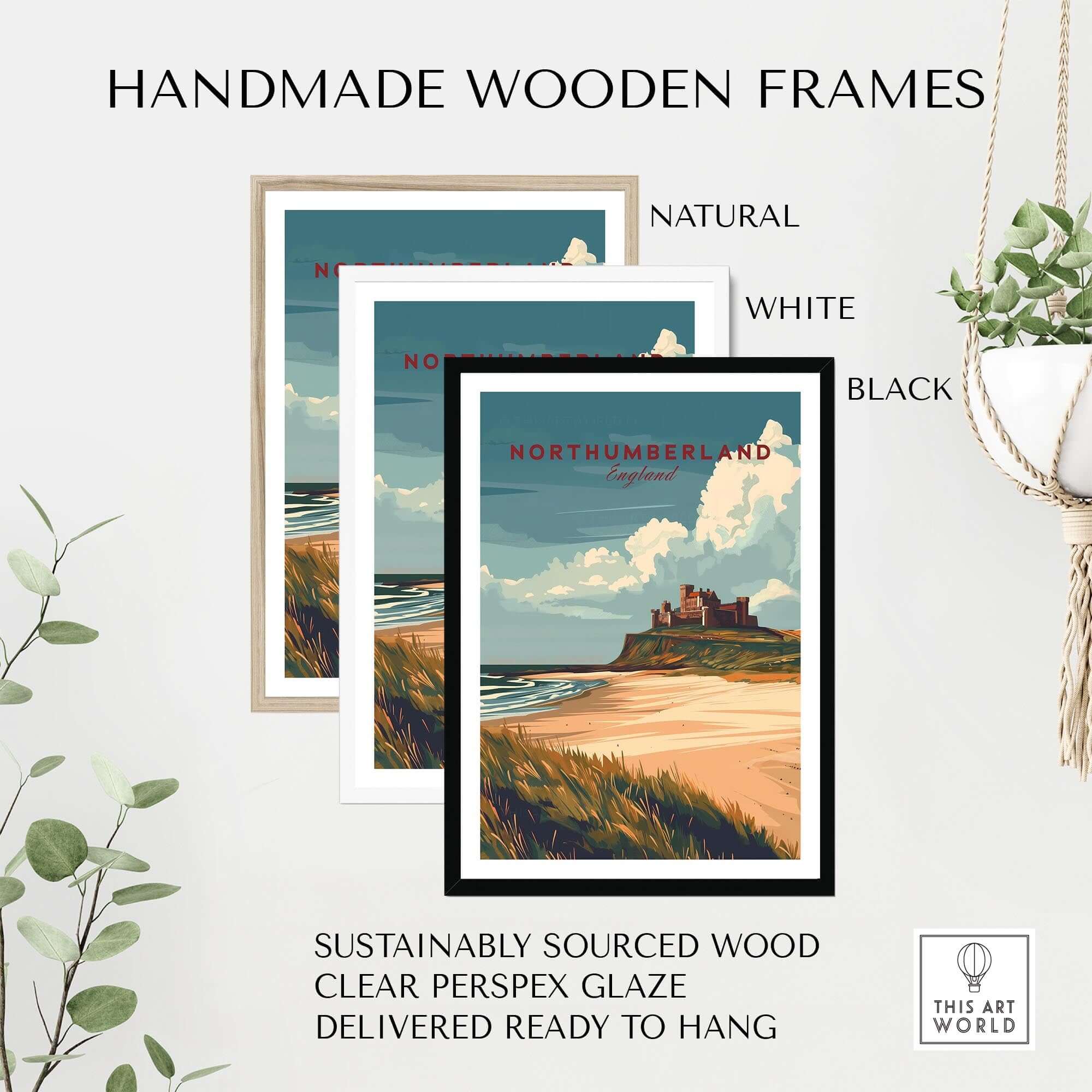 Handmade wooden frames in natural, white, and black for Northumberland Wall Art Print - Bamburgh Castle.