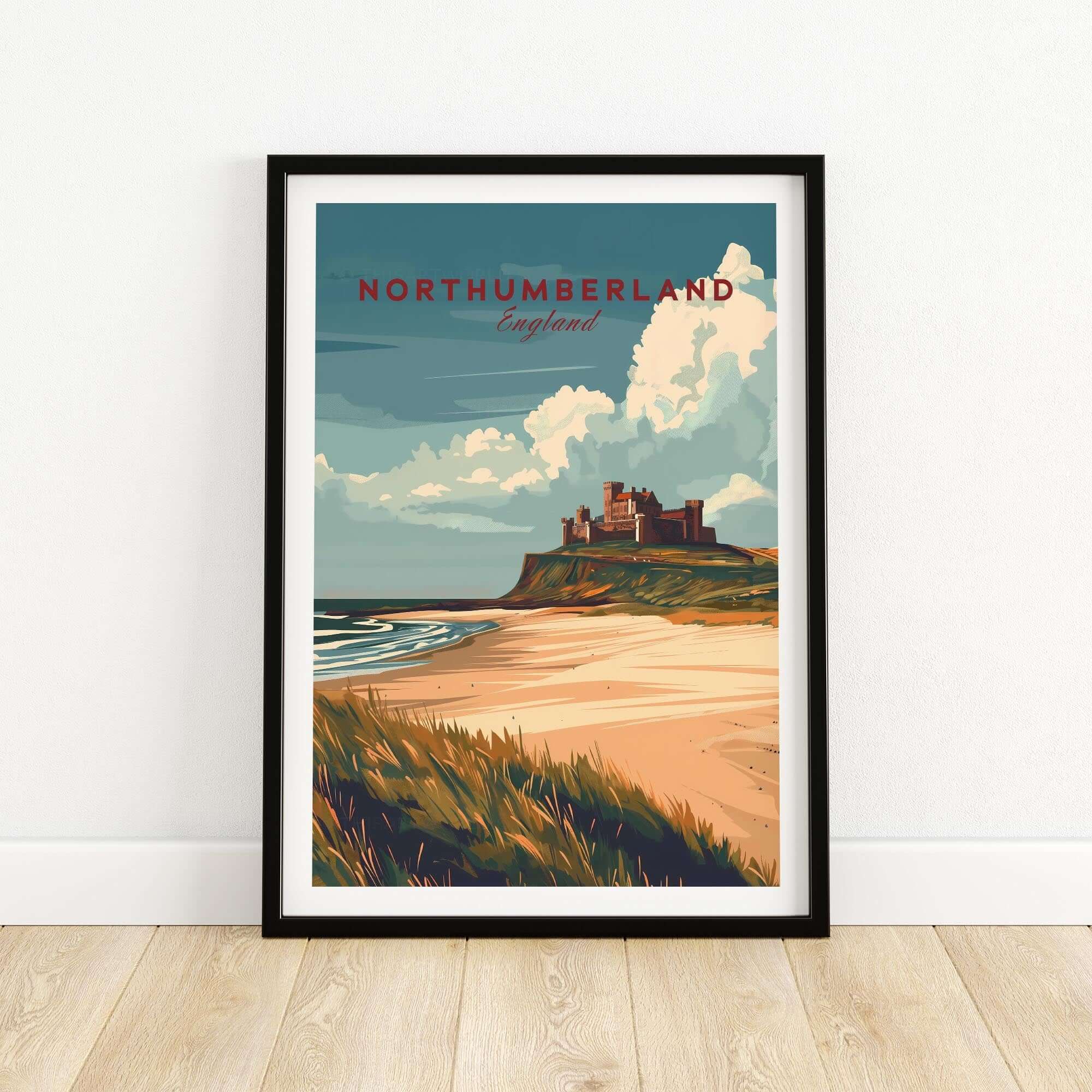 Northumberland Wall Art Print - Bamburgh Castle featuring a coastal view and majestic architecture.