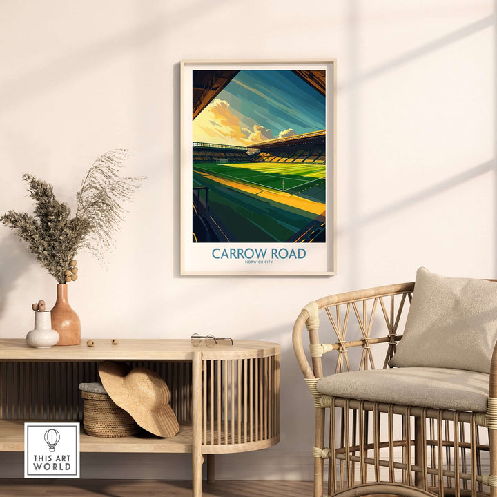Norwich City Carrow Road football stadium wall art print displayed in a modern living room setting.