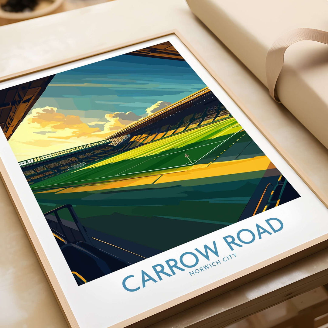 Framed Norwich City Carrow Road Football Stadium Art Print showcasing vibrant colors and a picturesque view of the pitch.