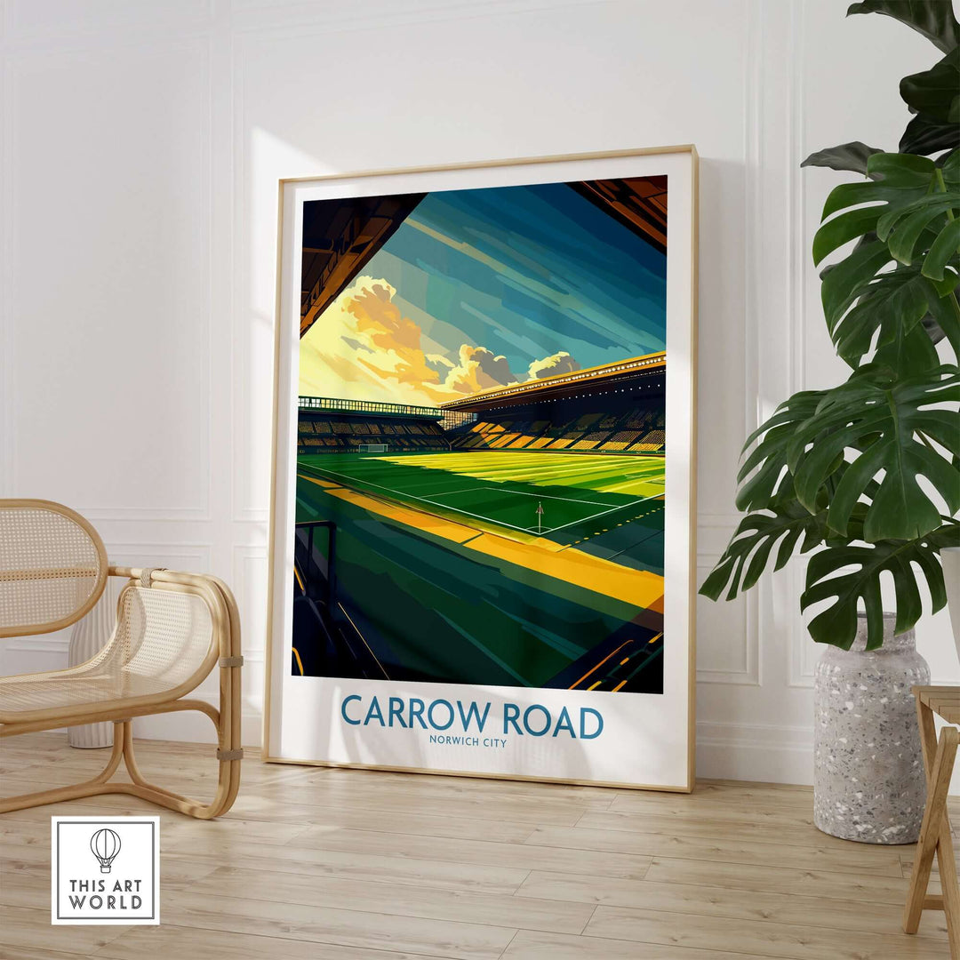 Norwich City Carrow Road football stadium wall art print in a stylish interior setting.