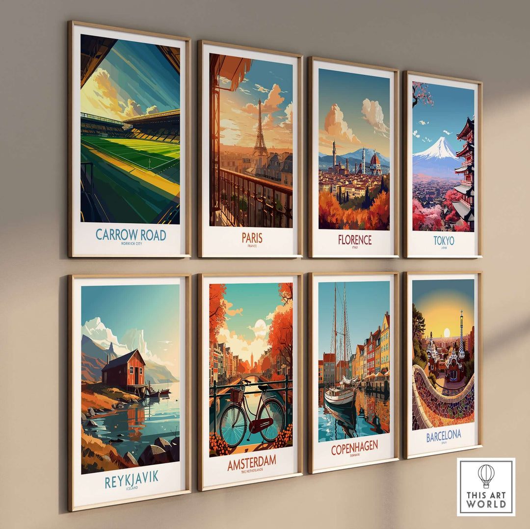 Norwich City Carrow Road inspired wall art prints featuring famous global cityscapes.