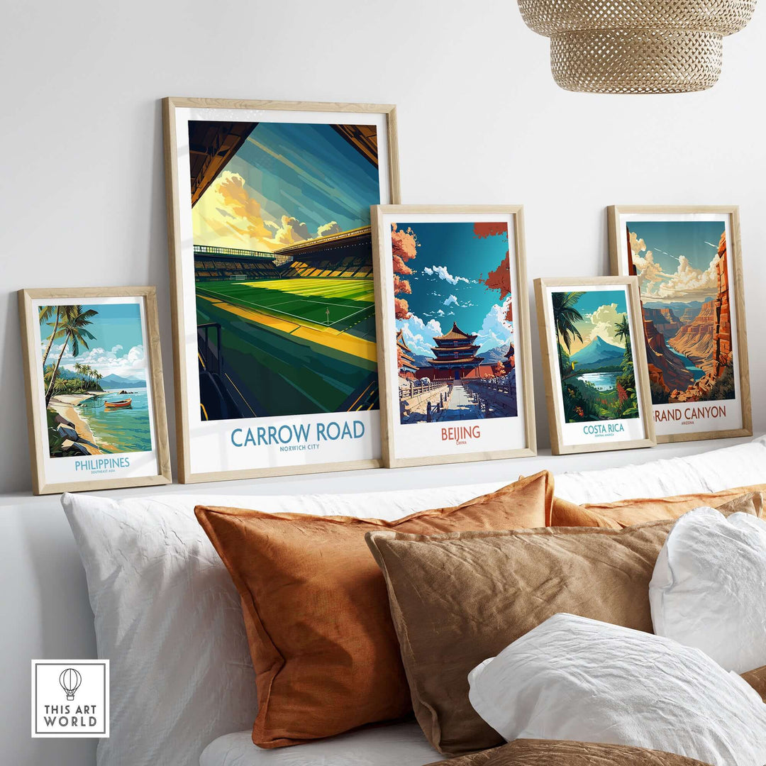 Norwich City Carrow Road inspired Football Stadium Wall Art Print displayed among travel-themed art.