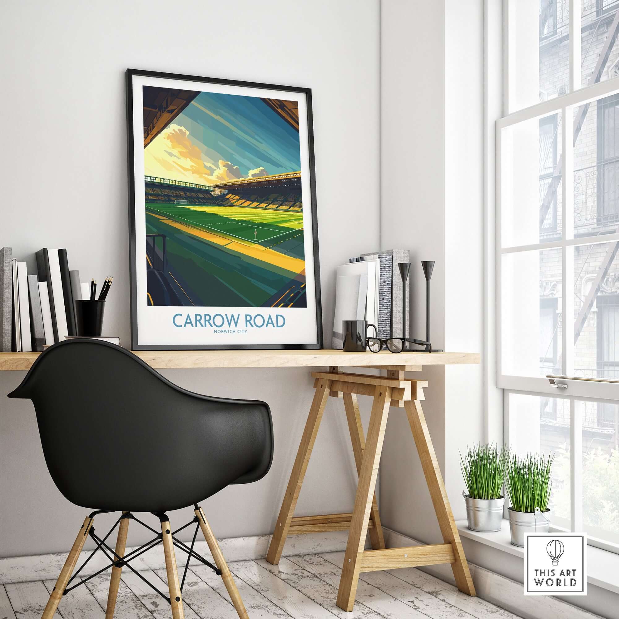 Norwich City - Carrow Road inspired Football Stadium Wall Art Print displayed in stylish home office.