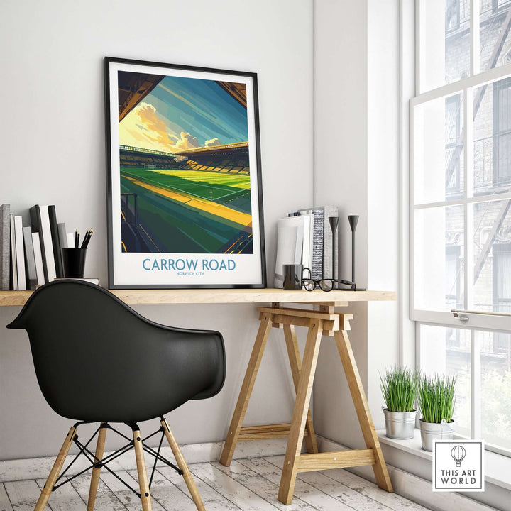 Norwich City Carrow Road football stadium wall art print displayed in modern home office decor.