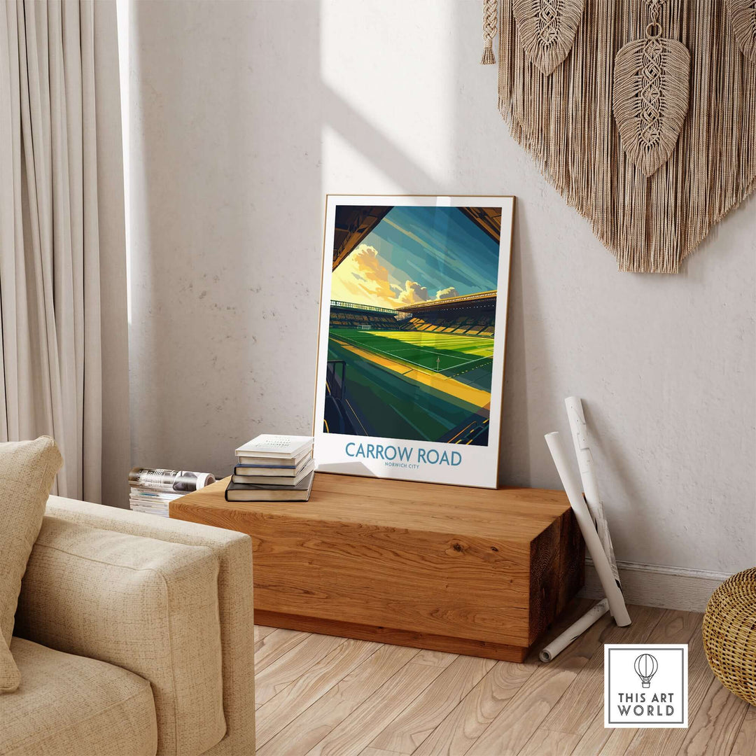 Norwich City Carrow Road inspired football stadium wall art print displayed in a stylish home decor setting.