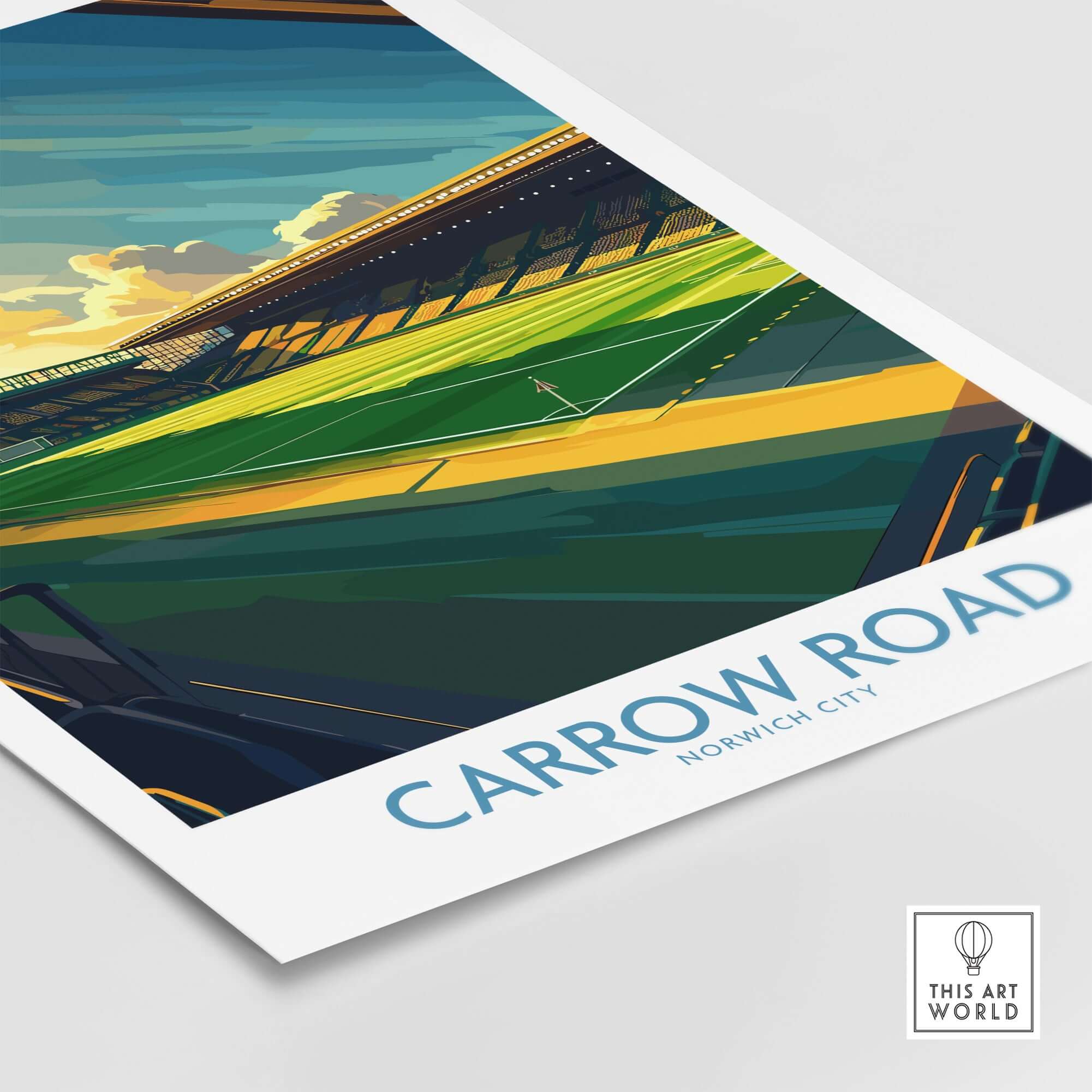 Norwich City - Carrow Road inspired Football Stadium Wall Art Print showcasing vibrant illustration of Carrow Road stadium.