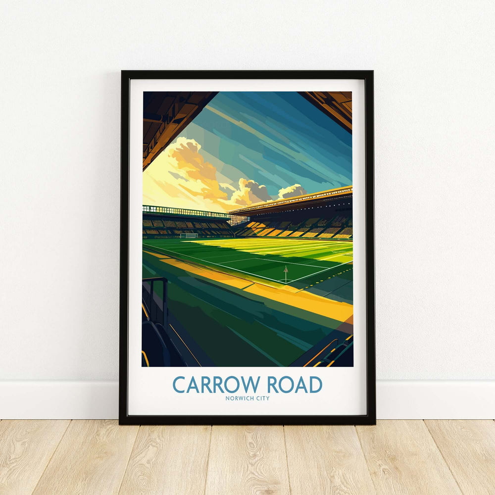 Norwich City Carrow Road inspired football stadium wall art print showcasing vibrant stadium design.