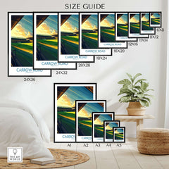 Norwich City - Carrow Road inspired Football Stadium Wall Art Print size guide showcasing various poster dimensions.