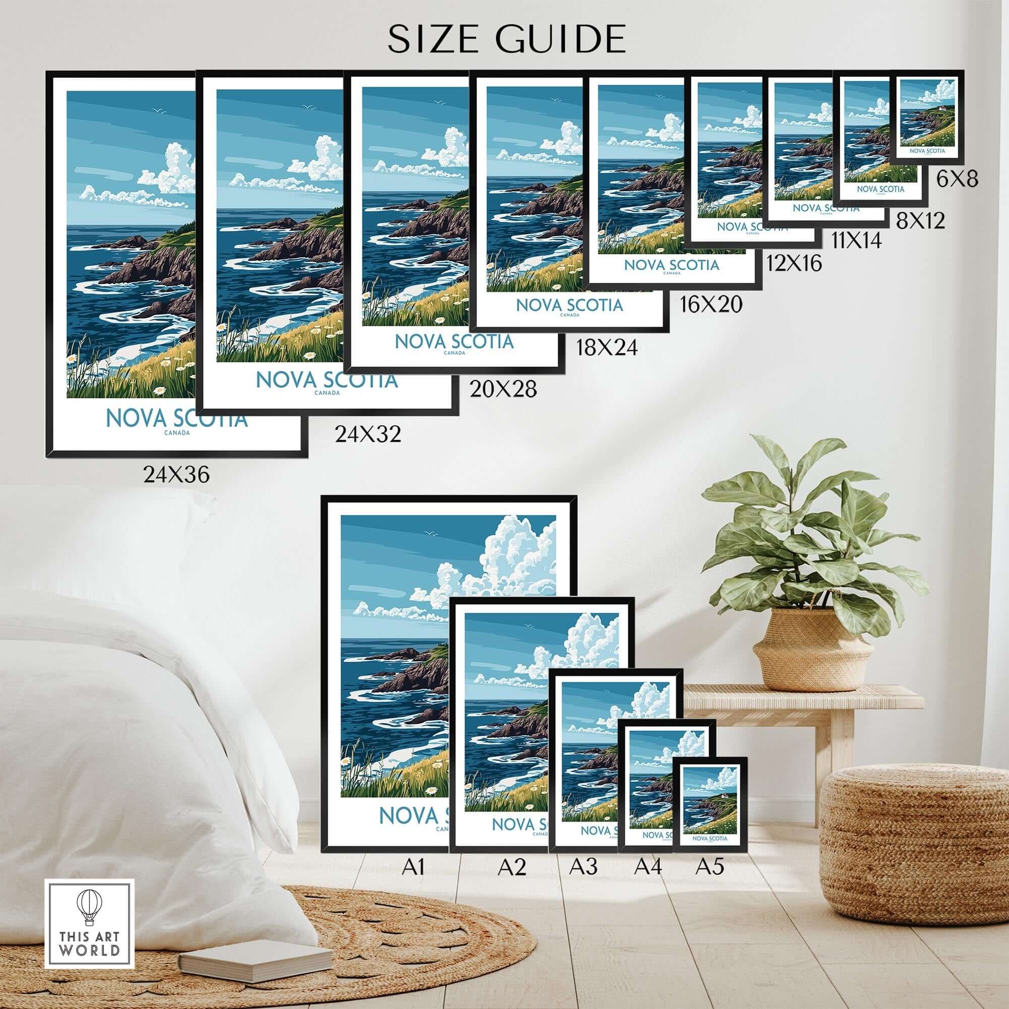 Nova Scotia Poster Canada size guide showcasing various frame sizes for the stunning coastal artwork.