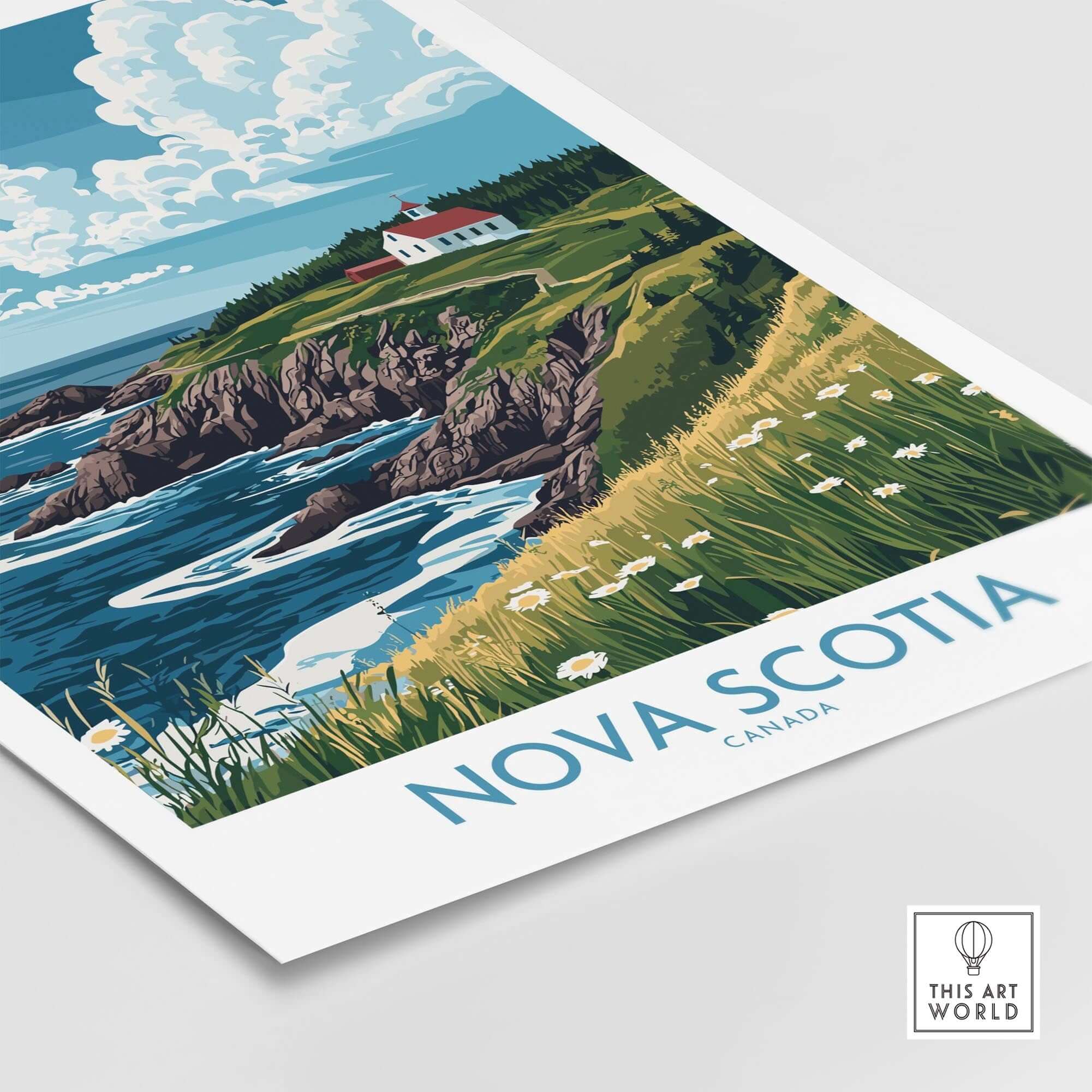 Nova Scotia Poster Canada showcasing a beautiful coastal landscape with cliffs and a lighthouse.