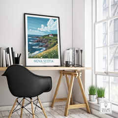 Nova Scotia Poster Canada displayed in a stylish home office, showcasing stunning landscapes of Nova Scotia.