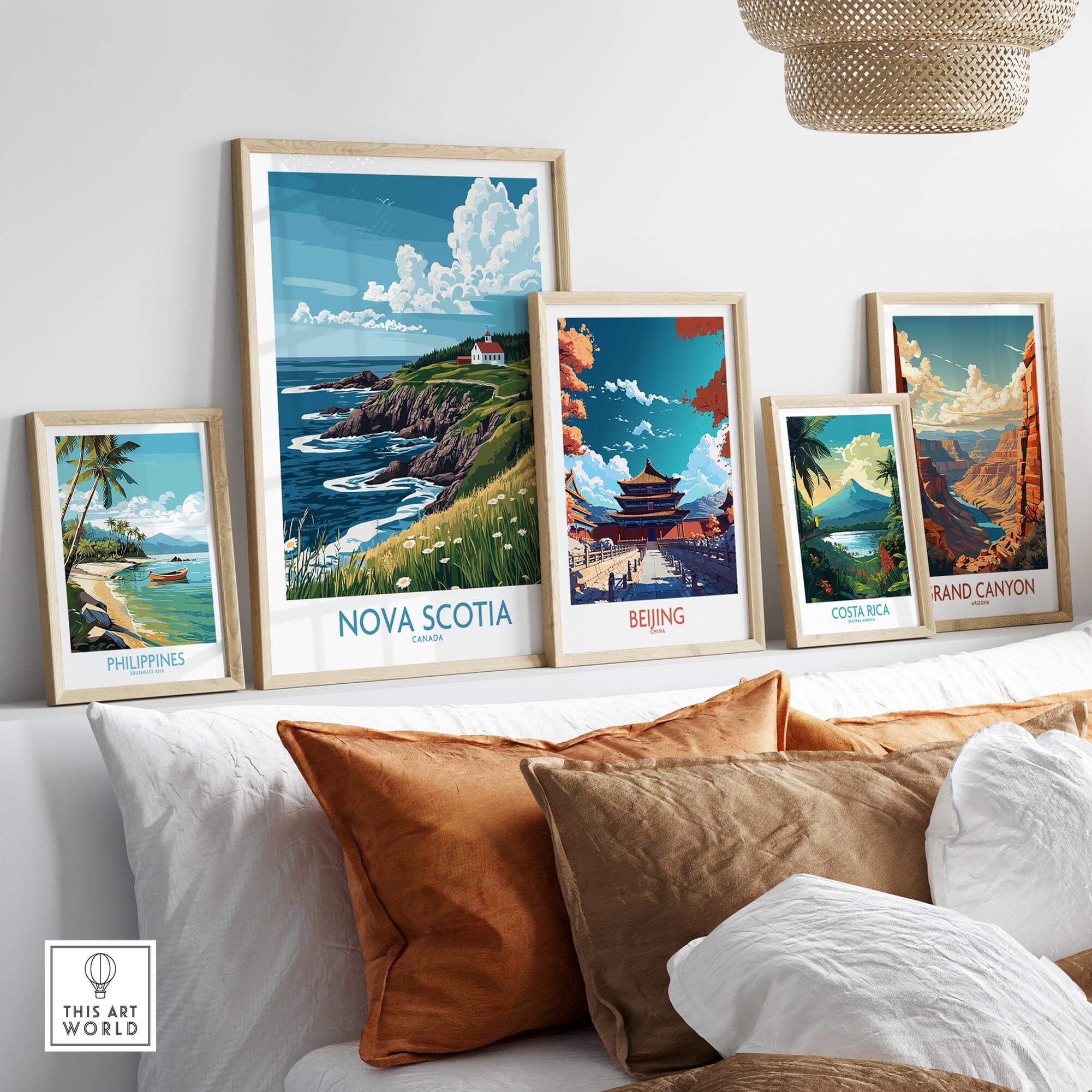 Framed Nova Scotia Poster Canada among travel prints showcasing beautiful landscapes and vibrant scenery.