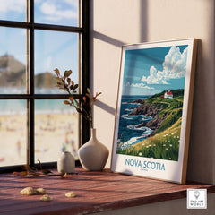 Nova Scotia Poster Canada displayed in a cozy interior, featuring the scenic coastal beauty of Nova Scotia.
