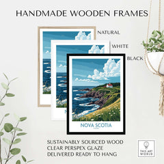 Nova Scotia Poster Canada framed in handmade wooden frames showcasing natural, white, and black options.