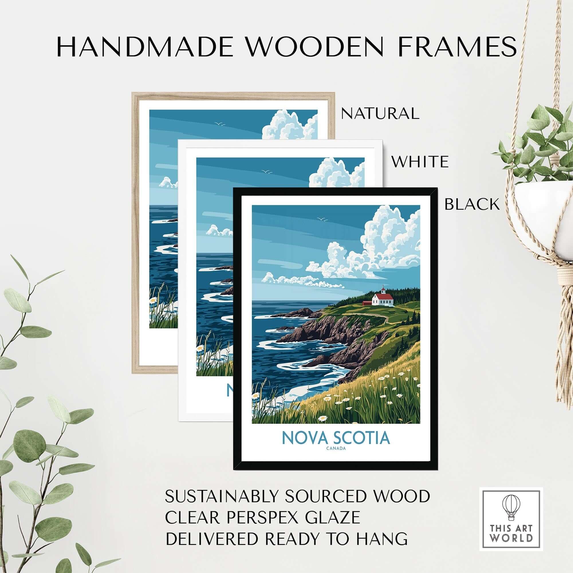 Nova Scotia Poster Canada framed in handmade wooden frames showcasing natural, white, and black options.