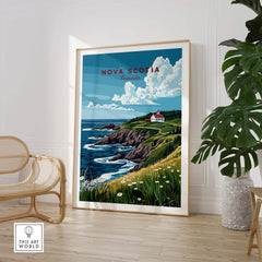 Nova Scotia Print Canada depicting scenic coastline with lighthouse and vibrant colors in home decor.