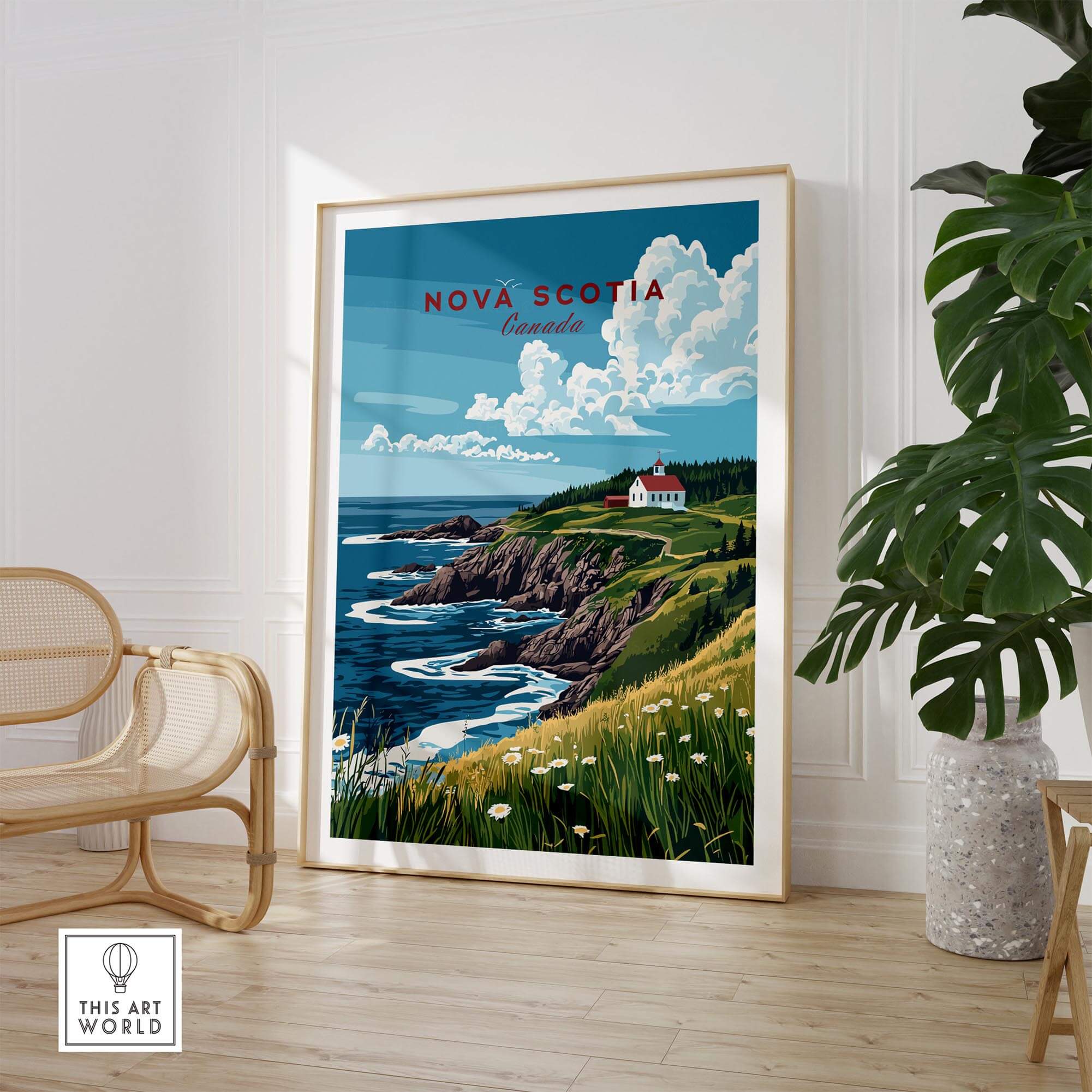 Nova Scotia Print Canada depicting scenic coastline with lighthouse and vibrant colors in home decor.