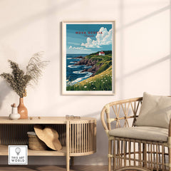 Nova Scotia Print Canada displayed in a cozy living room, showcasing the lush landscapes of Nova Scotia's coastline.