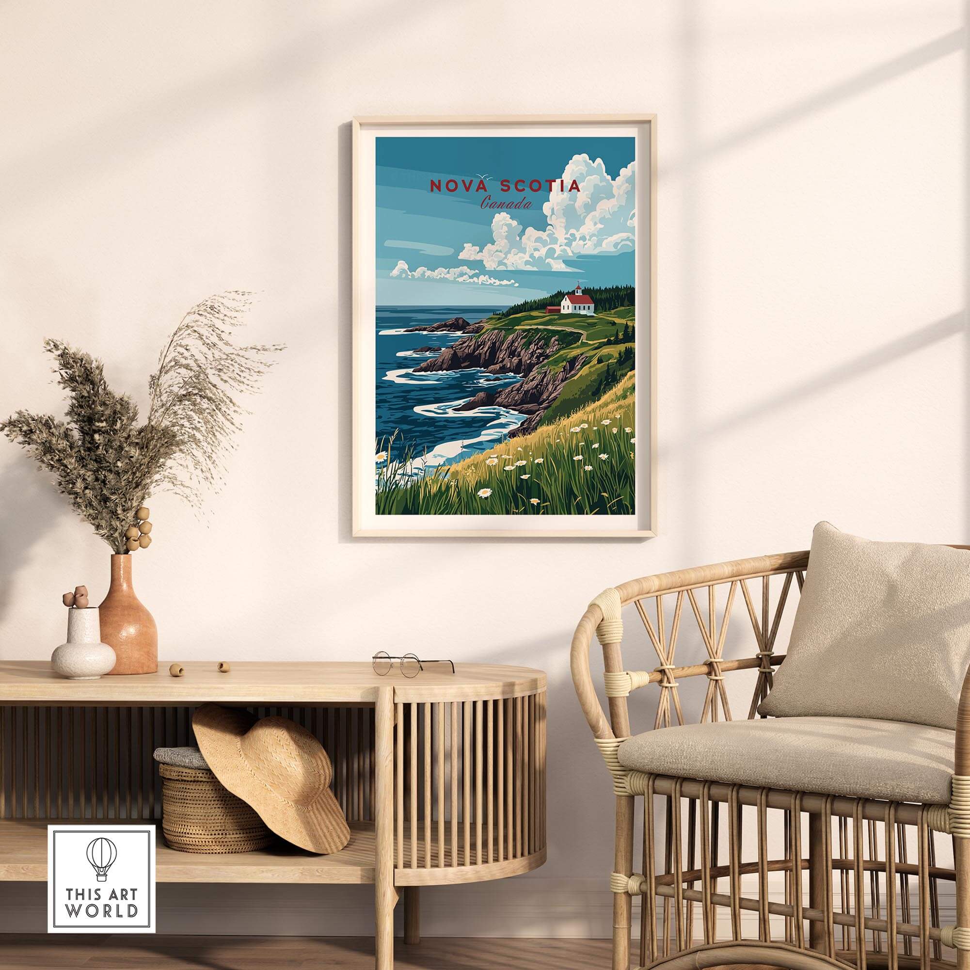 Nova Scotia Print Canada displayed in a cozy living room, showcasing the lush landscapes of Nova Scotia's coastline.