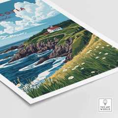 Nova Scotia Print Canada featuring a coastal scene with a lighthouse, ocean, and vibrant landscapes.