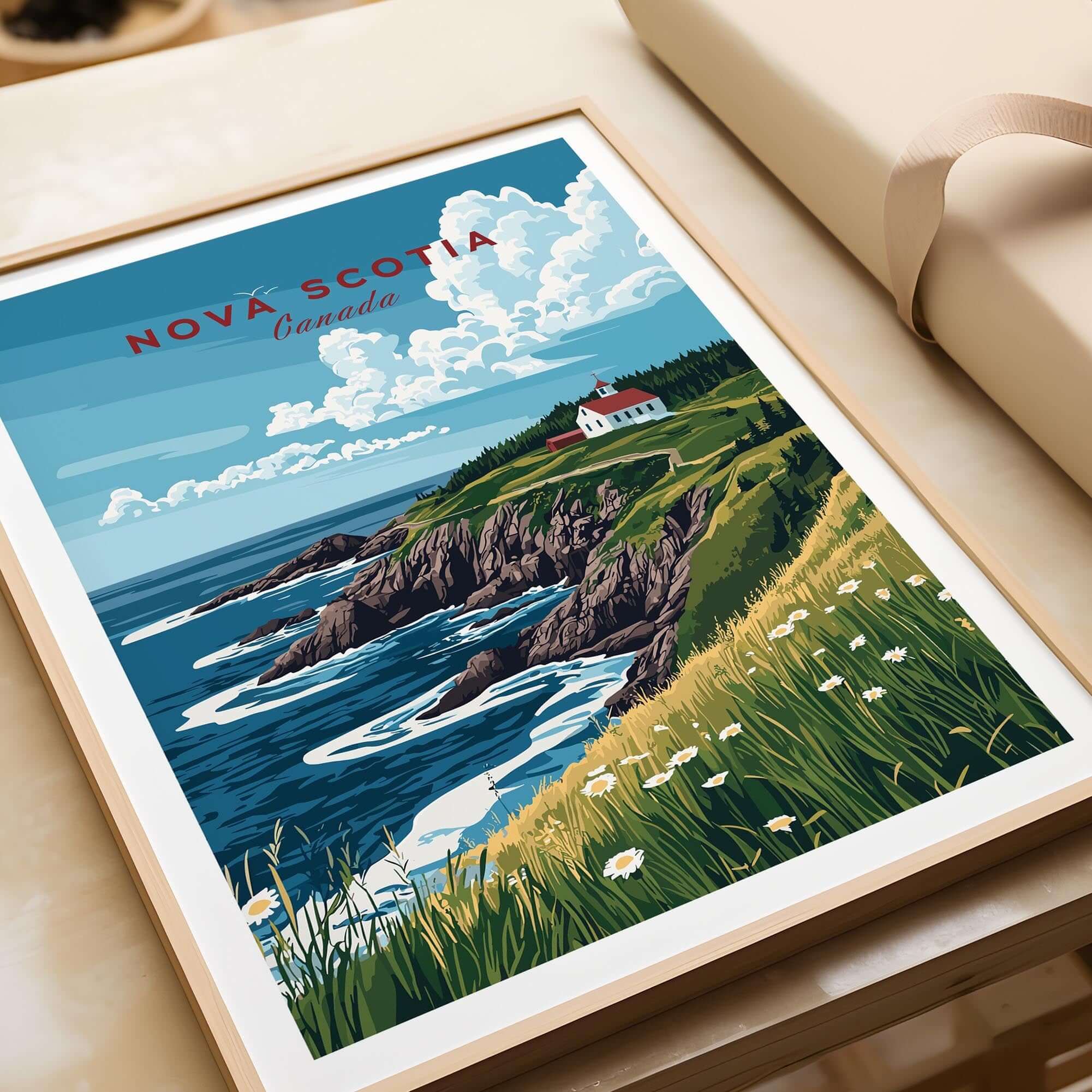 Nova Scotia Print Canada showcasing stunning coastal scenery and maritime charm in a vibrant artistic design.