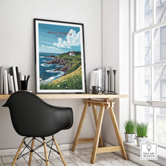 Nova Scotia Print Canada framed print on wall beside wooden desk, showcasing east coast scenery and maritime charm.