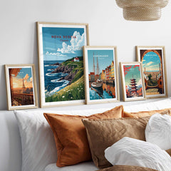 Nova Scotia Print Canada showcased among travel posters in a stylish home decor setting.