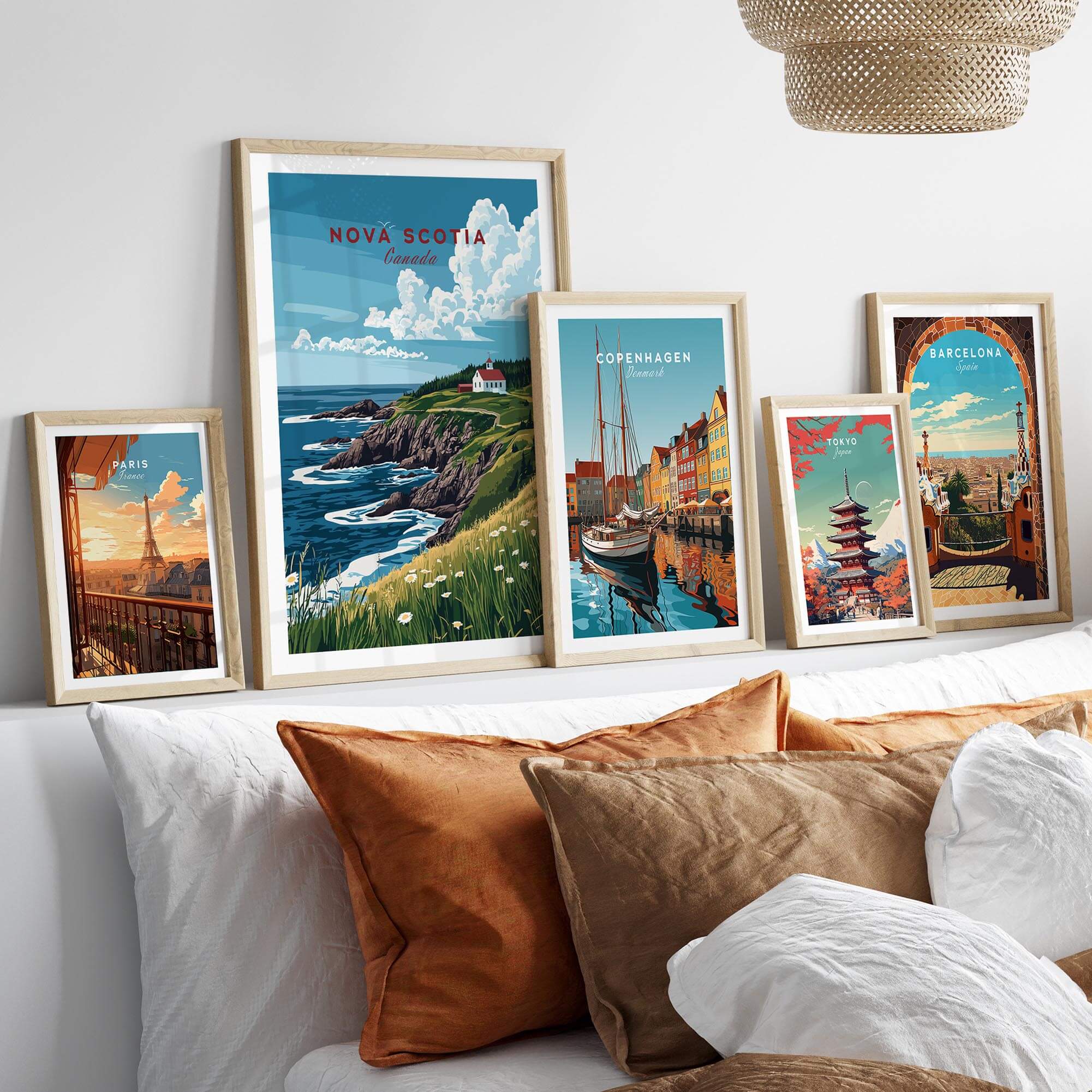 Nova Scotia Print Canada showcased among travel posters in a stylish home decor setting.