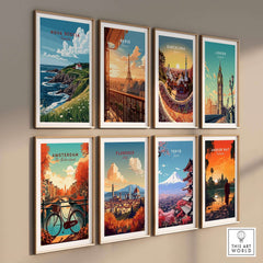 Nova Scotia Print Canada and various travel posters displayed on a wall showcasing vibrant cityscapes and landscapes.