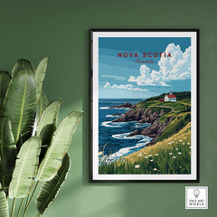 Nova Scotia Print Canada showing scenic coastal landscape with lighthouse and lush greenery.