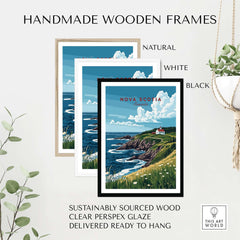 Handmade wooden frames in natural, white, and black showcasing Nova Scotia Print Canada with vibrant coastal scenery.
