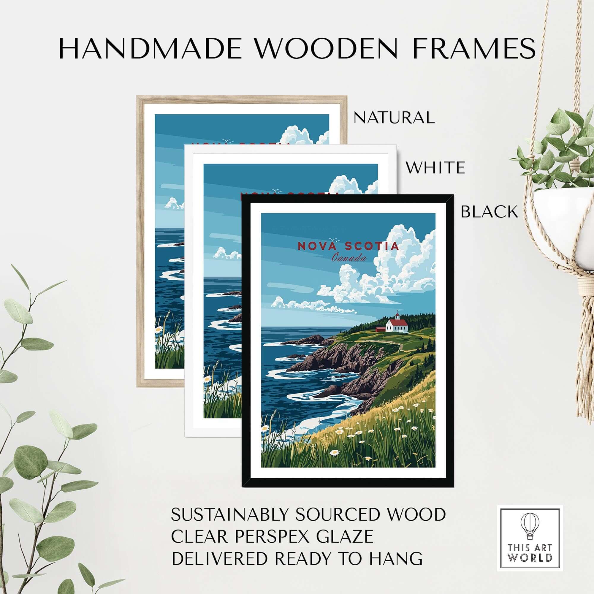 Handmade wooden frames in natural, white, and black showcasing Nova Scotia Print Canada with vibrant coastal scenery.