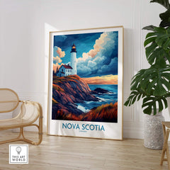 Nova Scotia Travel Poster featuring a scenic lighthouse and coastal view, perfect for home decor.