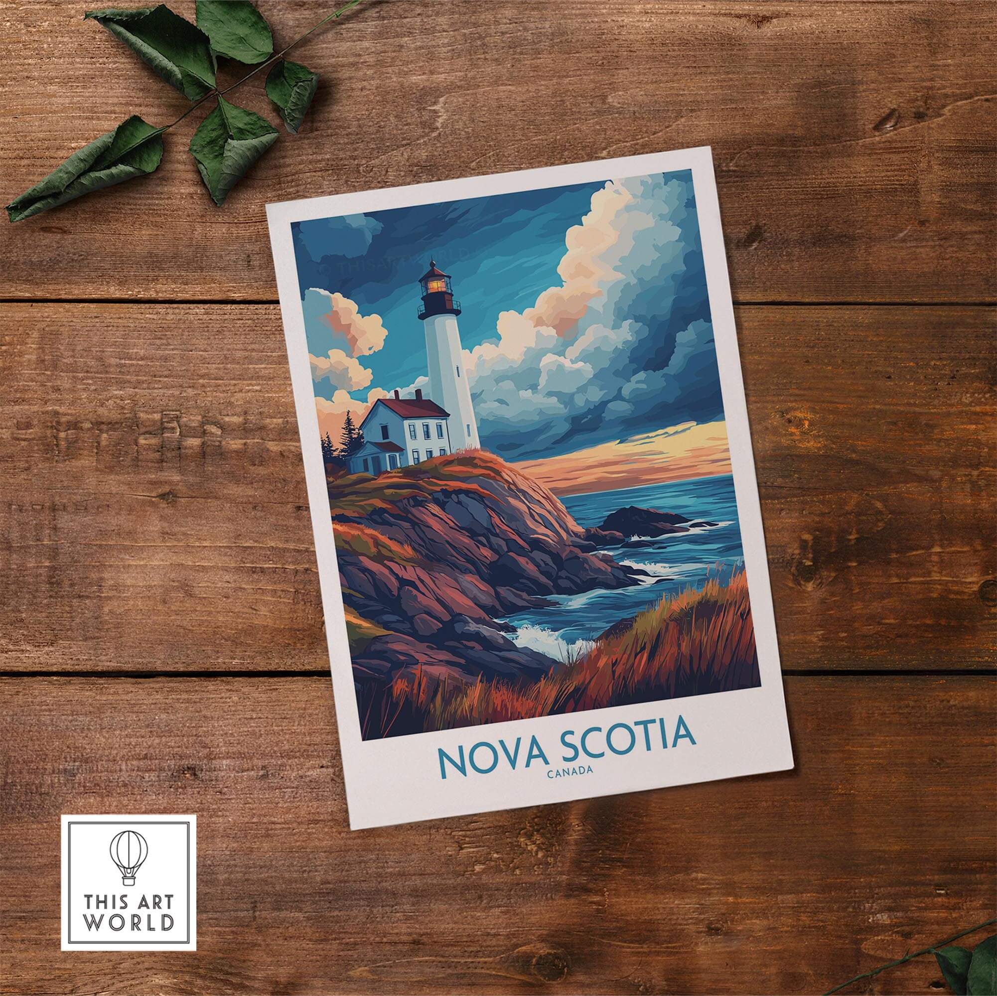 Nova Scotia Travel Poster featuring a lighthouse and coastal landscape in vibrant colors.