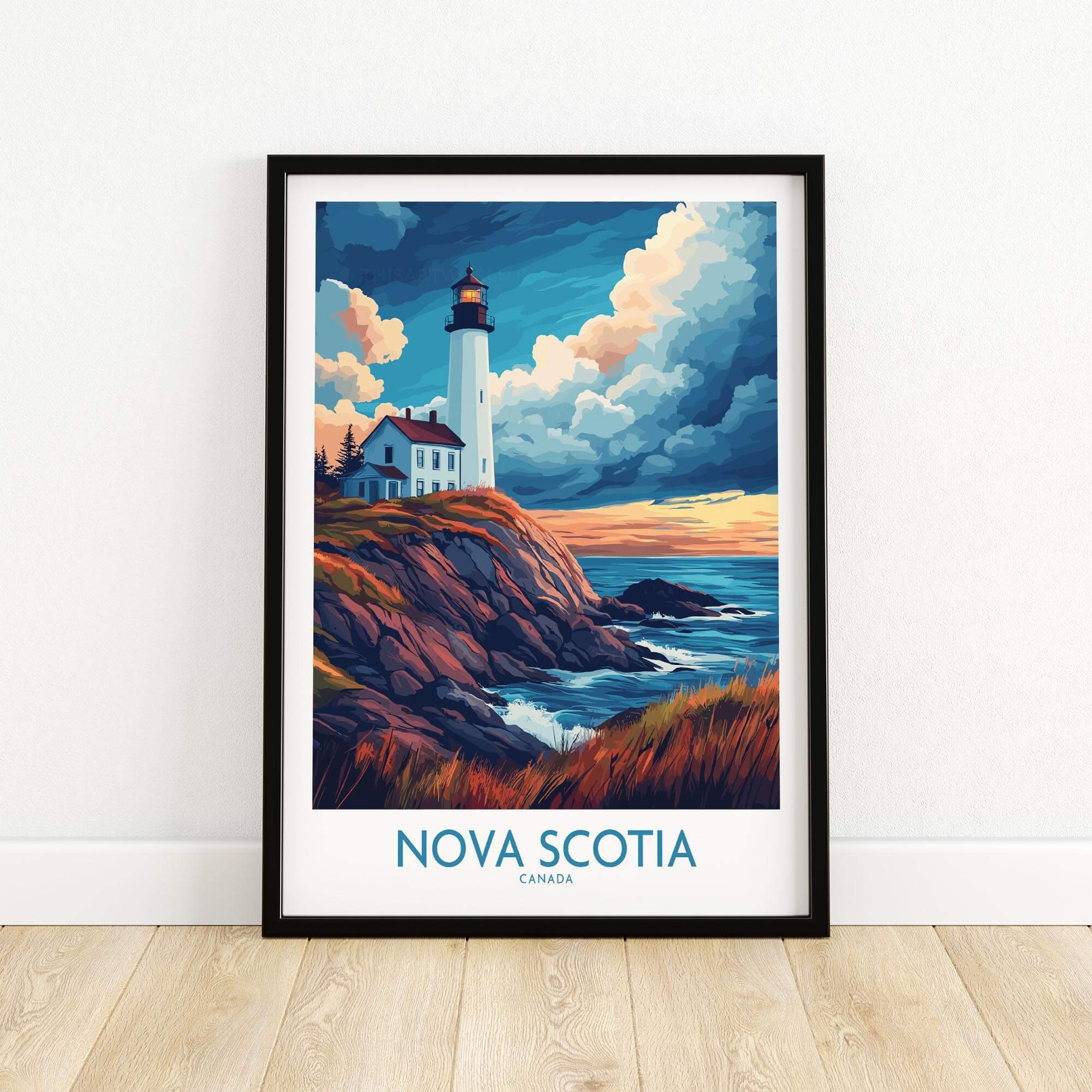 Nova Scotia Travel Poster featuring a lighthouse and rocky coast, perfect for travel enthusiasts.