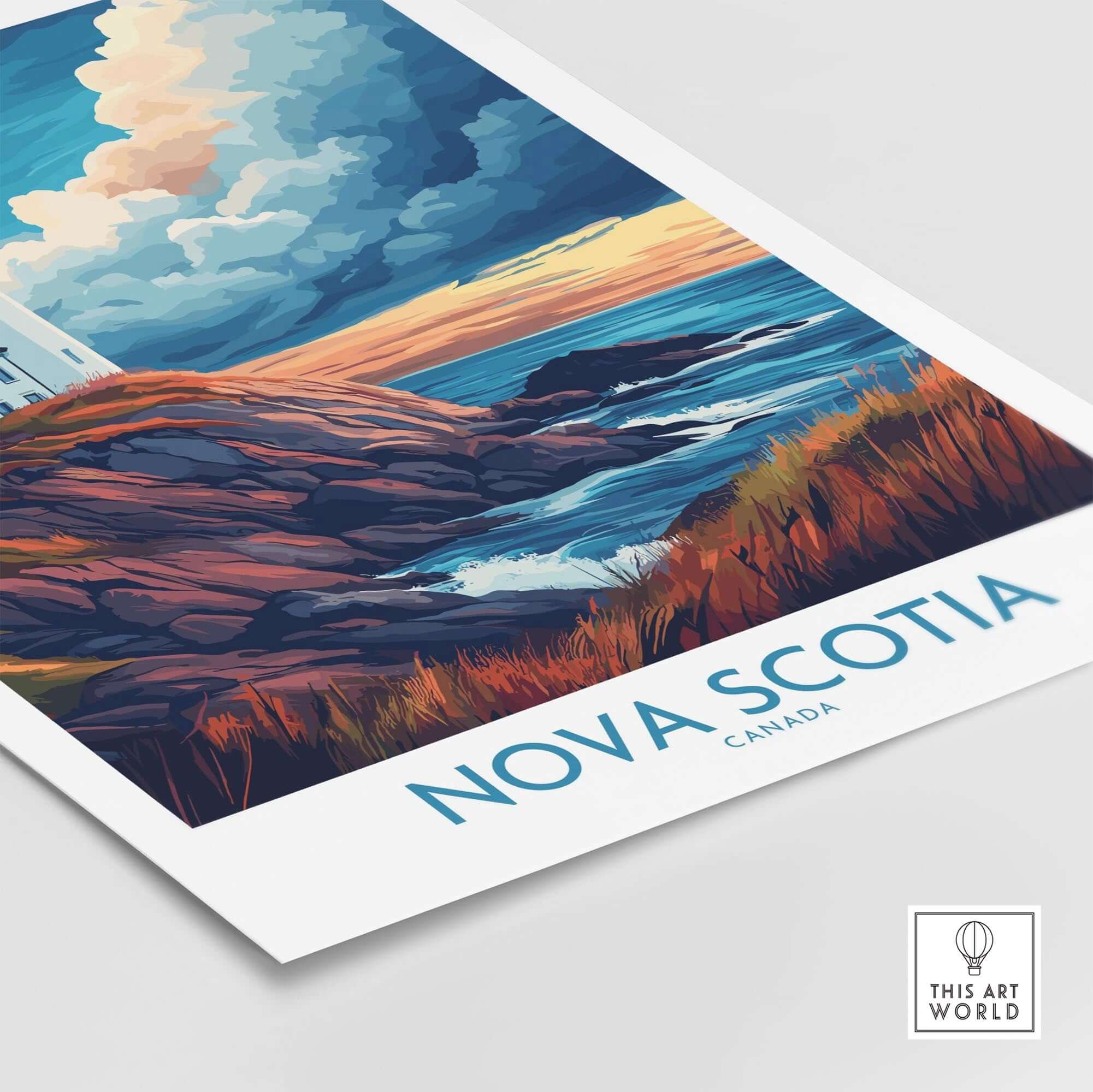 Nova Scotia Travel Poster showcasing beautiful coastal landscape and vibrant colors, perfect for travel enthusiasts.