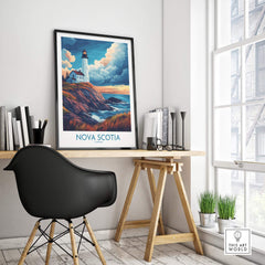 Nova Scotia Travel Poster displayed in a modern workspace with a black chair and natural light.