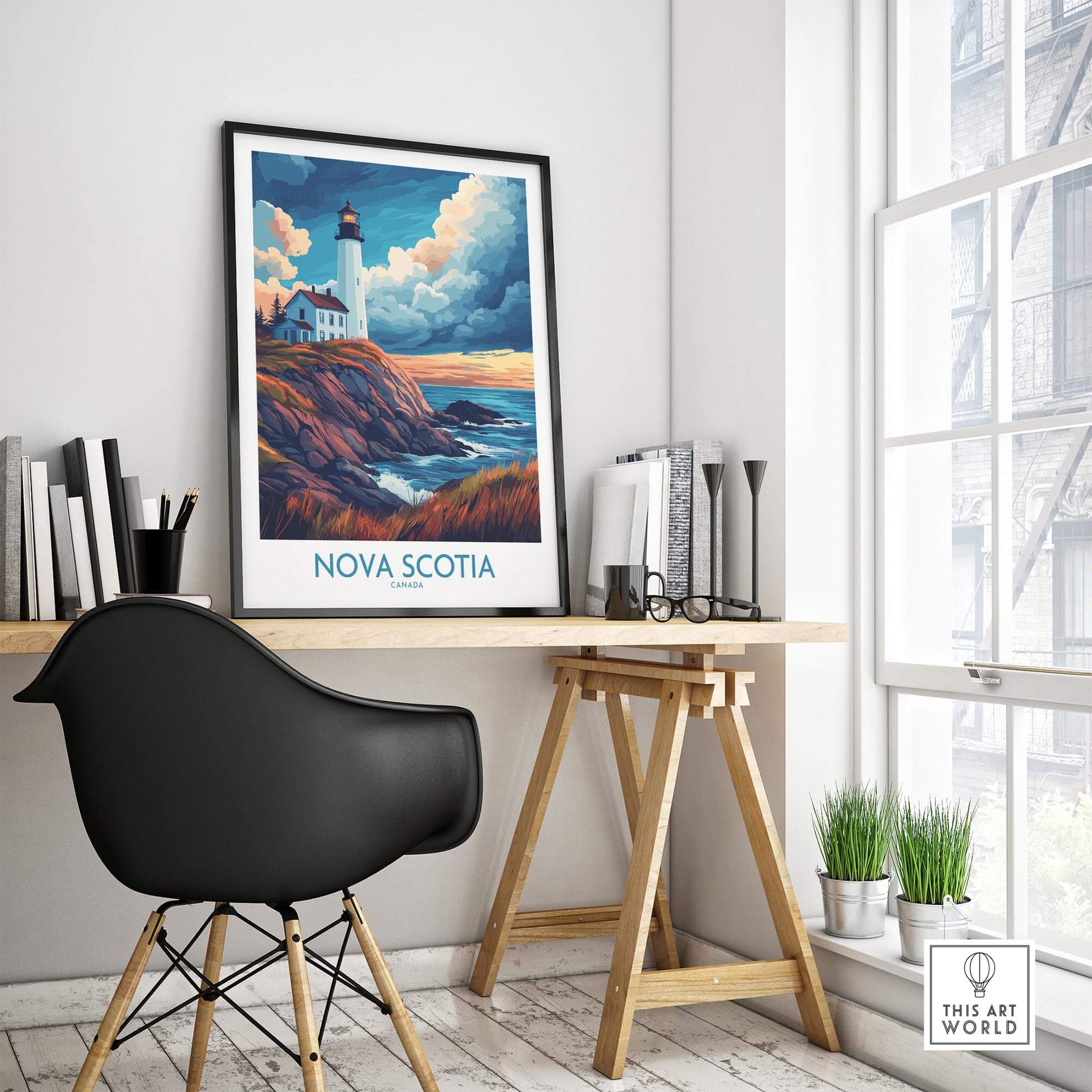 Nova Scotia Travel Poster displayed in a modern workspace with a black chair and natural light.